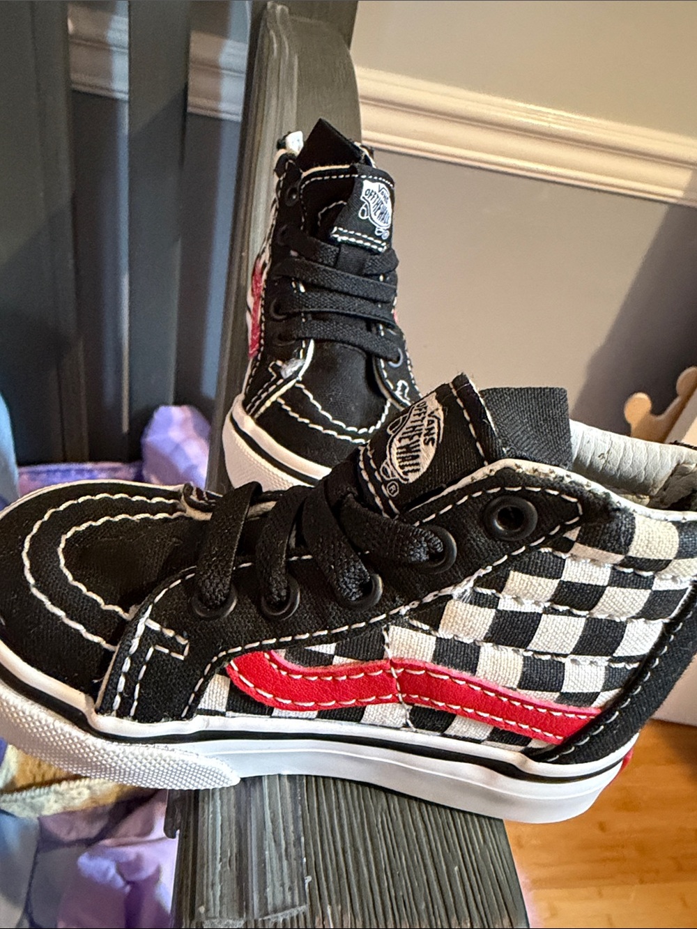 Vans Kids Black & White Checkerboard High-Top Sneakers with Red Stripe